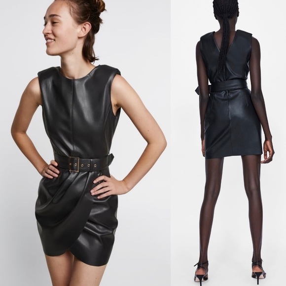 ZARA Faux Leather Mini Dress with Belt - Picture 6 of 8